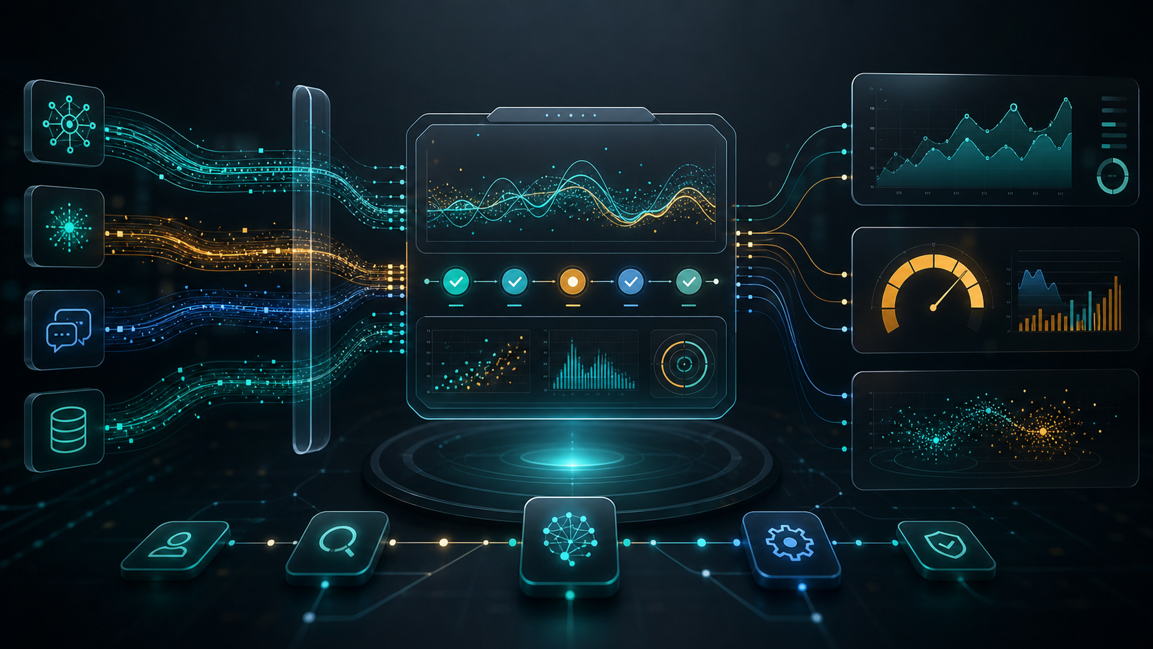 Abstract AI observability dashboard with agent telemetry and evaluation signals