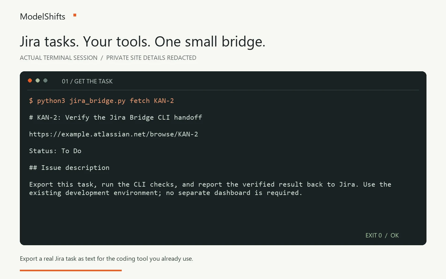 Recorded Jira Bridge terminal workflow showing a Jira task exported as text